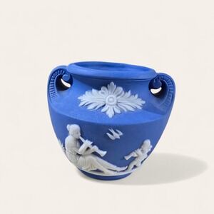 Blue White Lady Cherubs Jasperware Container 2.5"w 2.5"H Floral Matte Finish